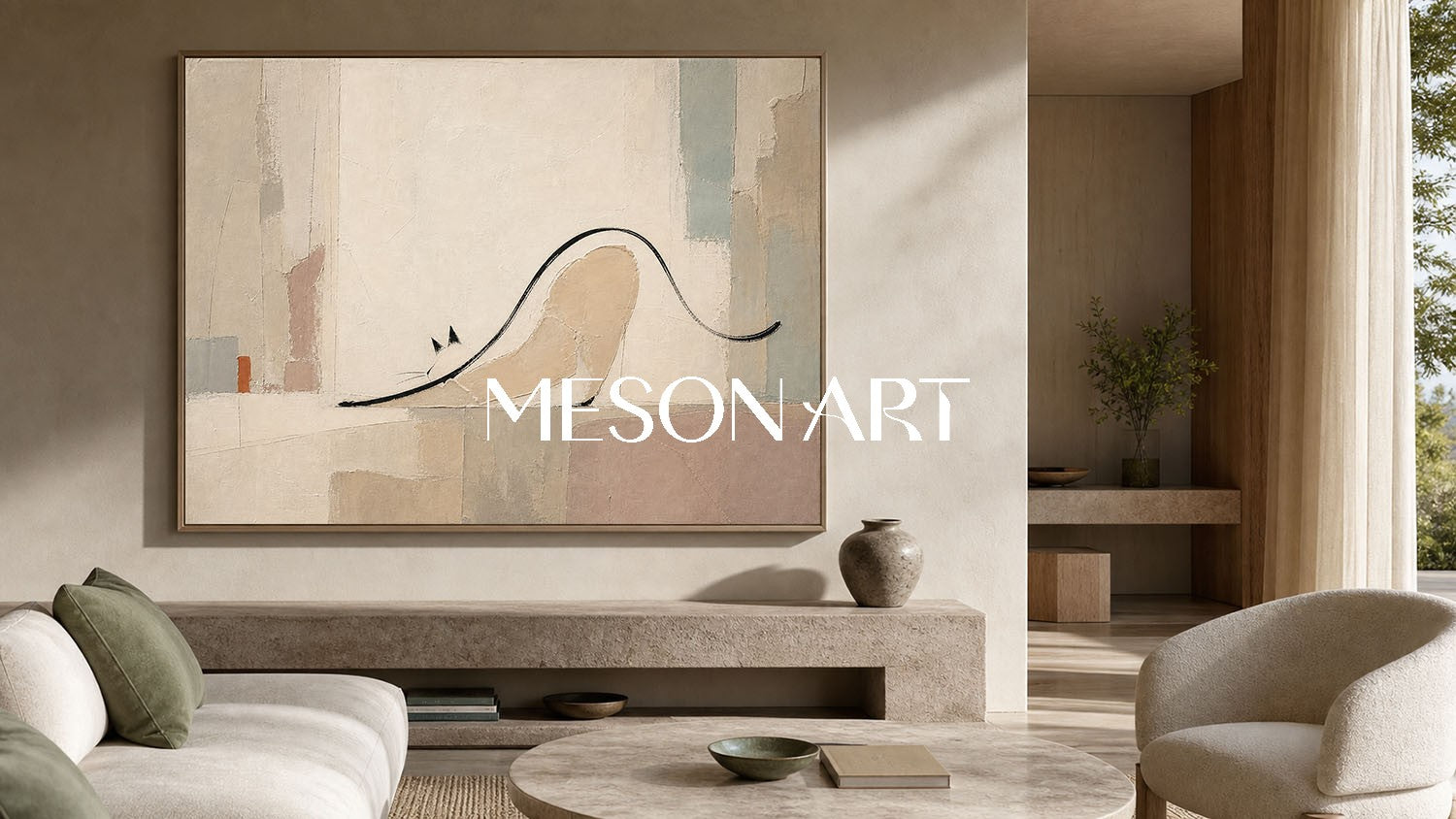 Minimalist Cat Abstract Painting In Beige And Grey For Modern Living Room Decor