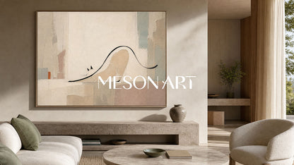 Minimalist Cat Abstract Painting In Beige And Grey For Modern Living Room Decor