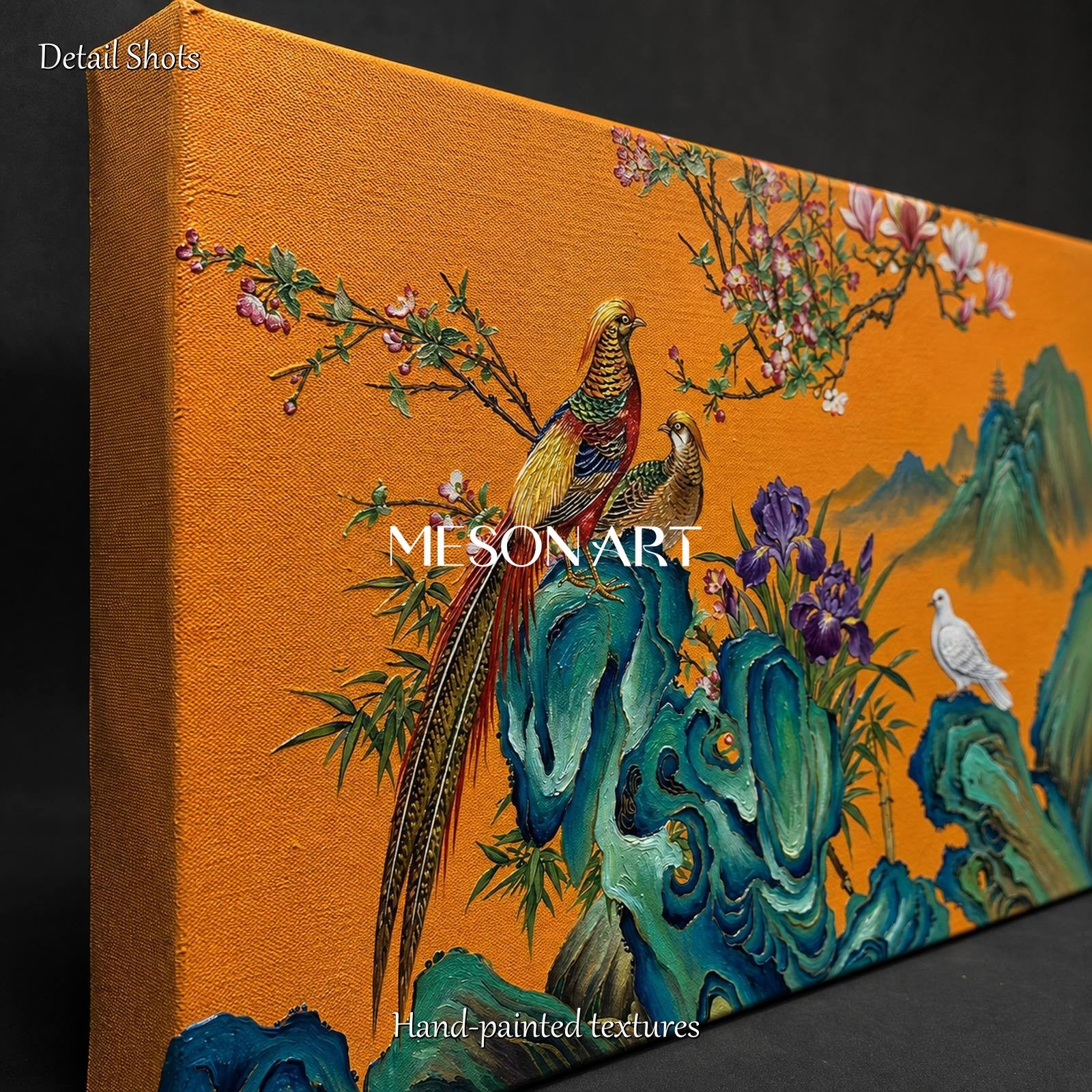 Orange And Blue Gongbi Bird And Blossom Painting Rectangular Wall Art For Living Room By Mesonart