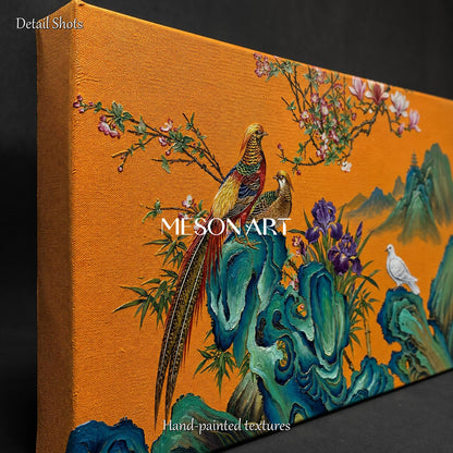 Orange And Blue Gongbi Bird And Blossom Painting Rectangular Wall Art For Living Room By Mesonart