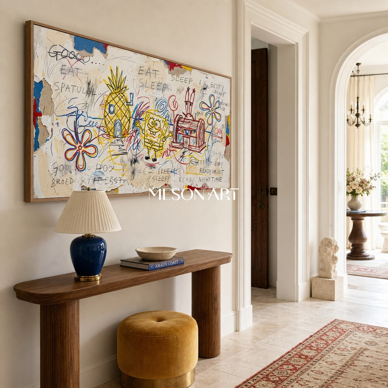 Yellow And Blue Pop Art Graffiti Painting Panoramic Wall Decor For Living Room By Mesonart