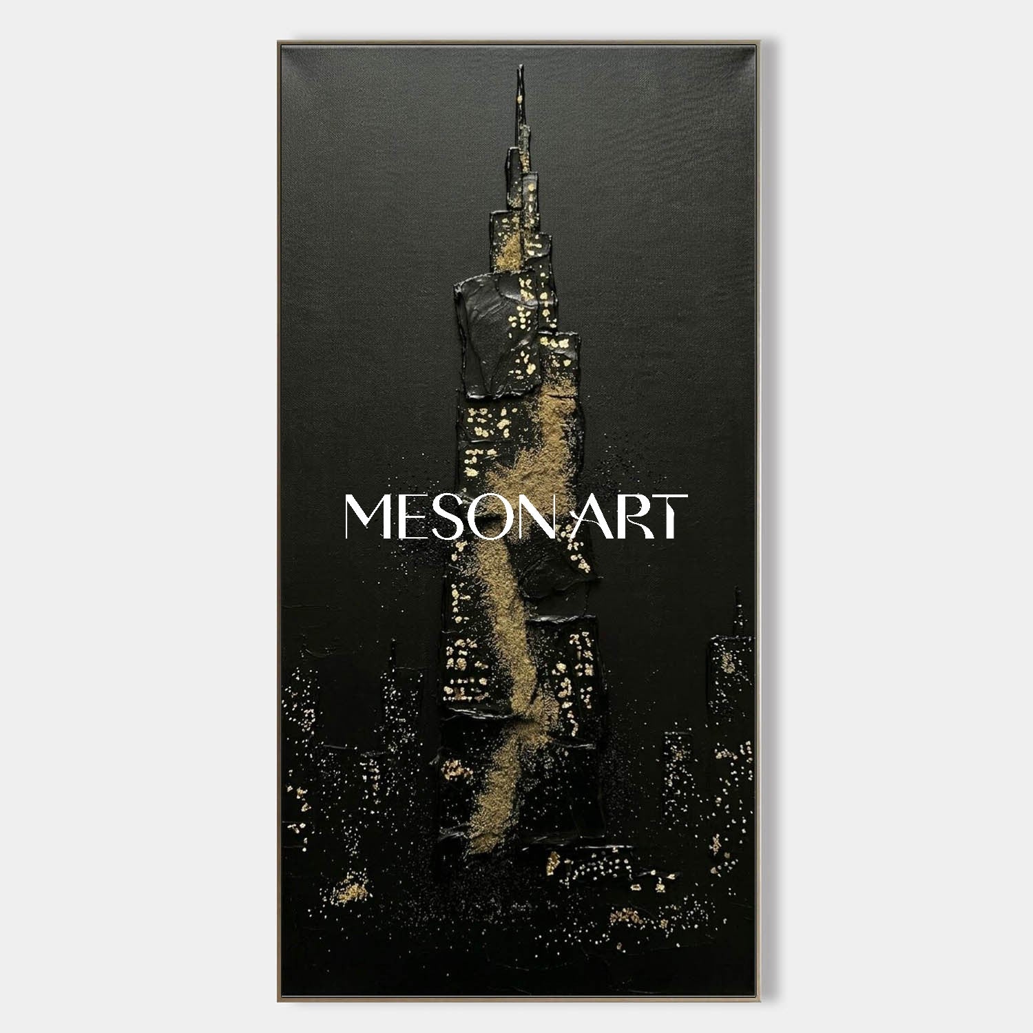 Vertical Black Gold Skyscraper Art Abstract Cityscape Wall Decor Dark Aesthetic Entryway Art