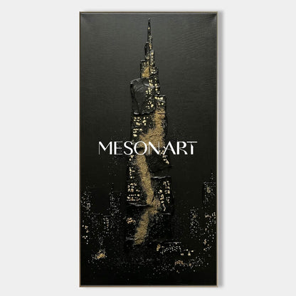 Vertical Black Gold Skyscraper Art Abstract Cityscape Wall Decor Dark Aesthetic Entryway Art