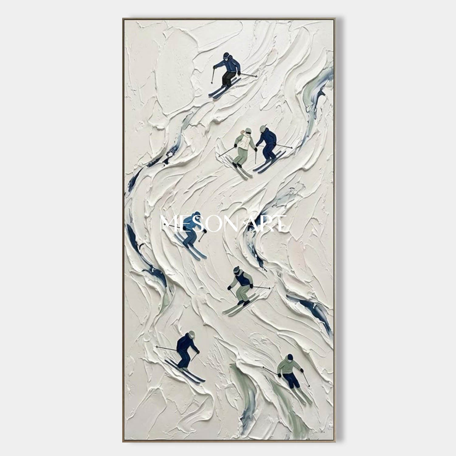 Vertical Plaster Relief Winter Sports Landscape Painting for Entryway Wall