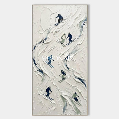 Vertical Plaster Relief Winter Sports Landscape Painting for Entryway Wall