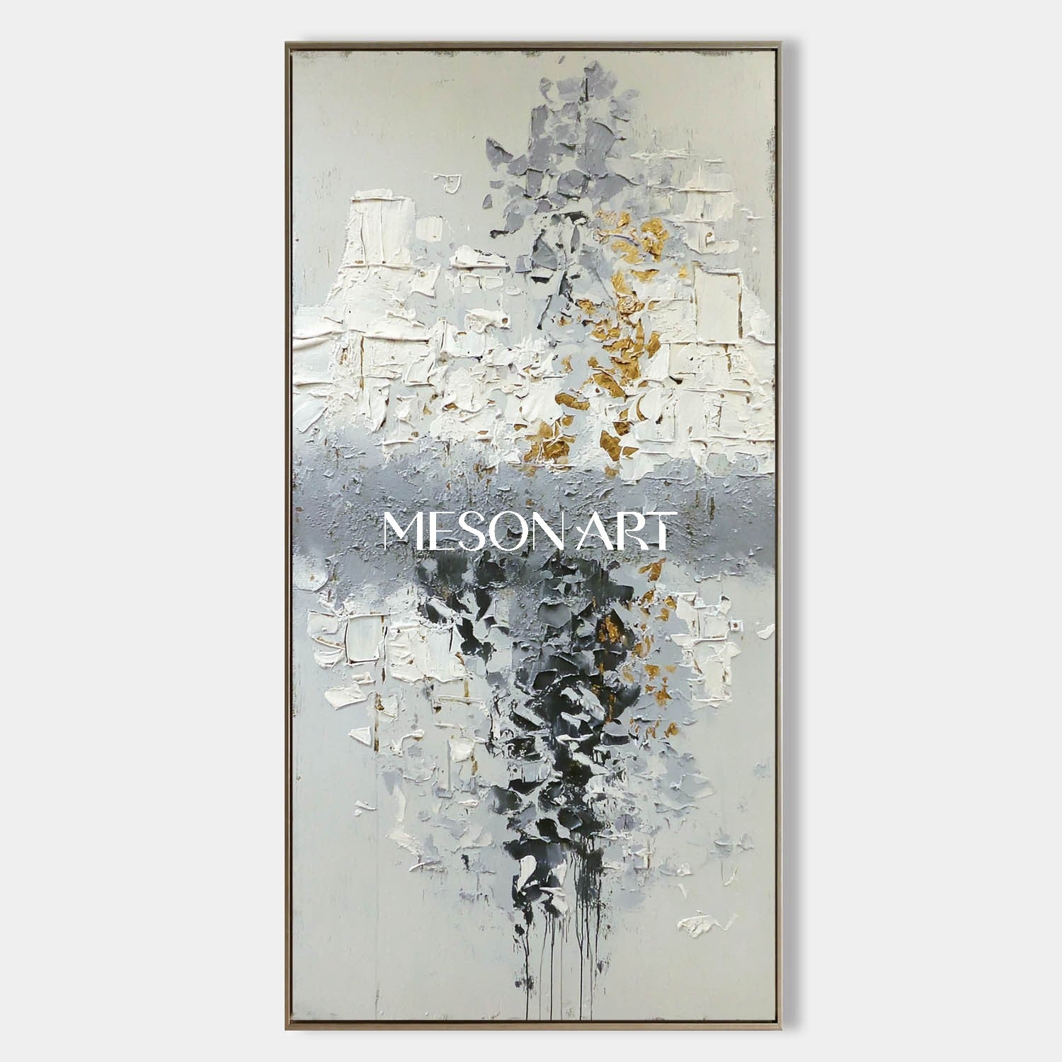 Vertical Abstract Painting Grey White Gold Textured Canvas Wall Decor