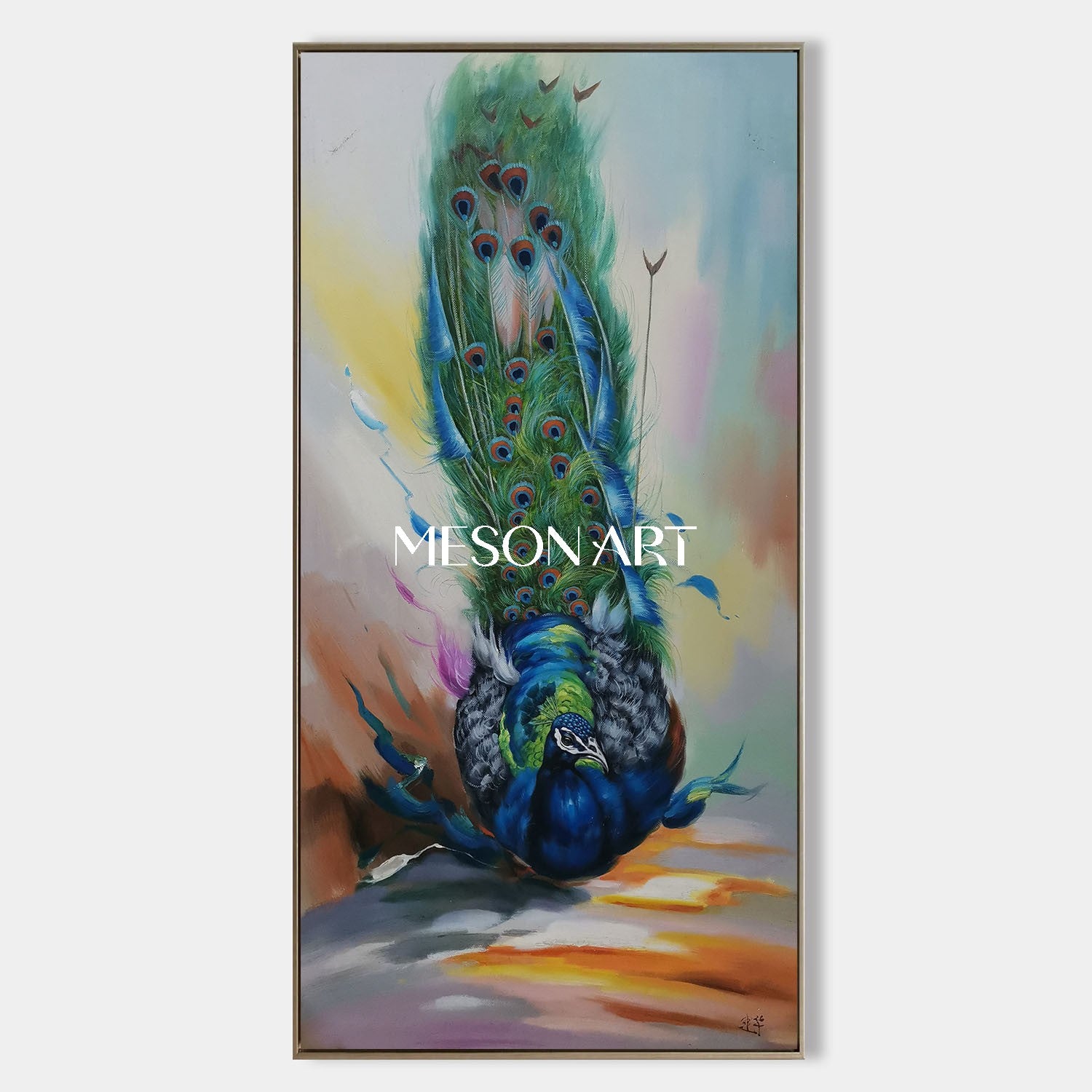 Luxury Peacock Wall Art Hand-Painted Colorful Canvas Painting Entryway