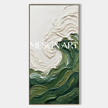 Large Abstract  Green Beach Textured Painting Green Wave Wall Art For Living Room 