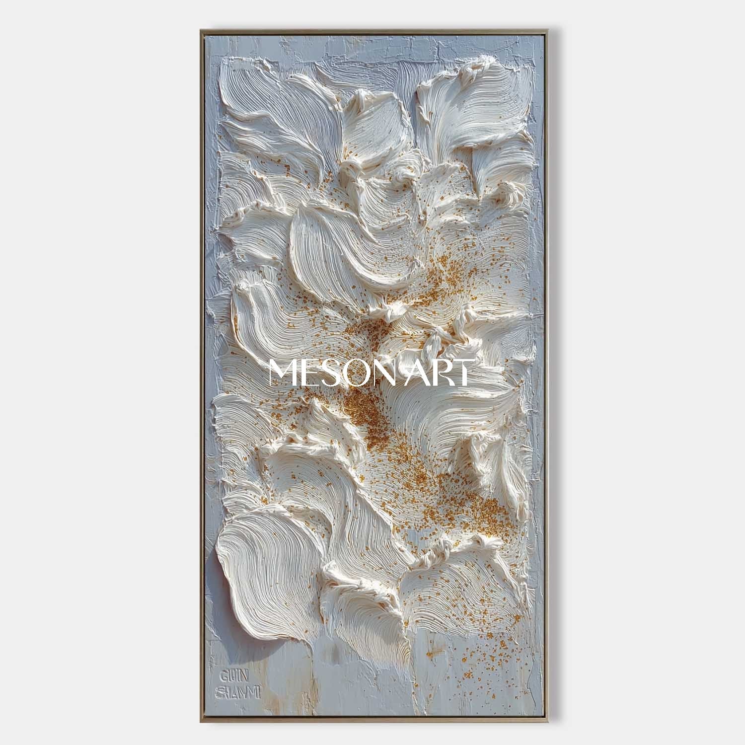 Vertical Abstract Painting White Petals Gold Textured Impasto Wall Art