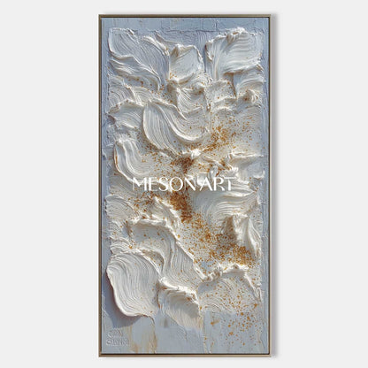 Vertical Abstract Painting White Petals Gold Textured Impasto Wall Art