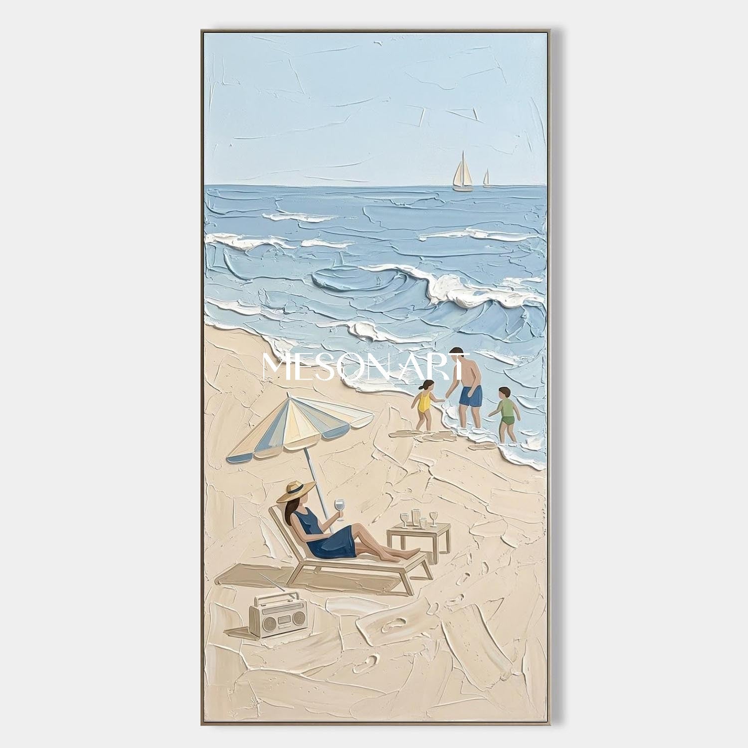 3D Textured Beach Painting Minimalist Coastal Art Hand-painted Texture Art Bohemian Beach Wall Art