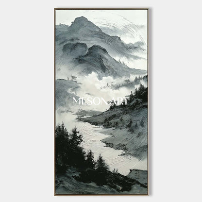 Vertical Black White Wabi Sabi Landscape Textured Canvas Entryway Art