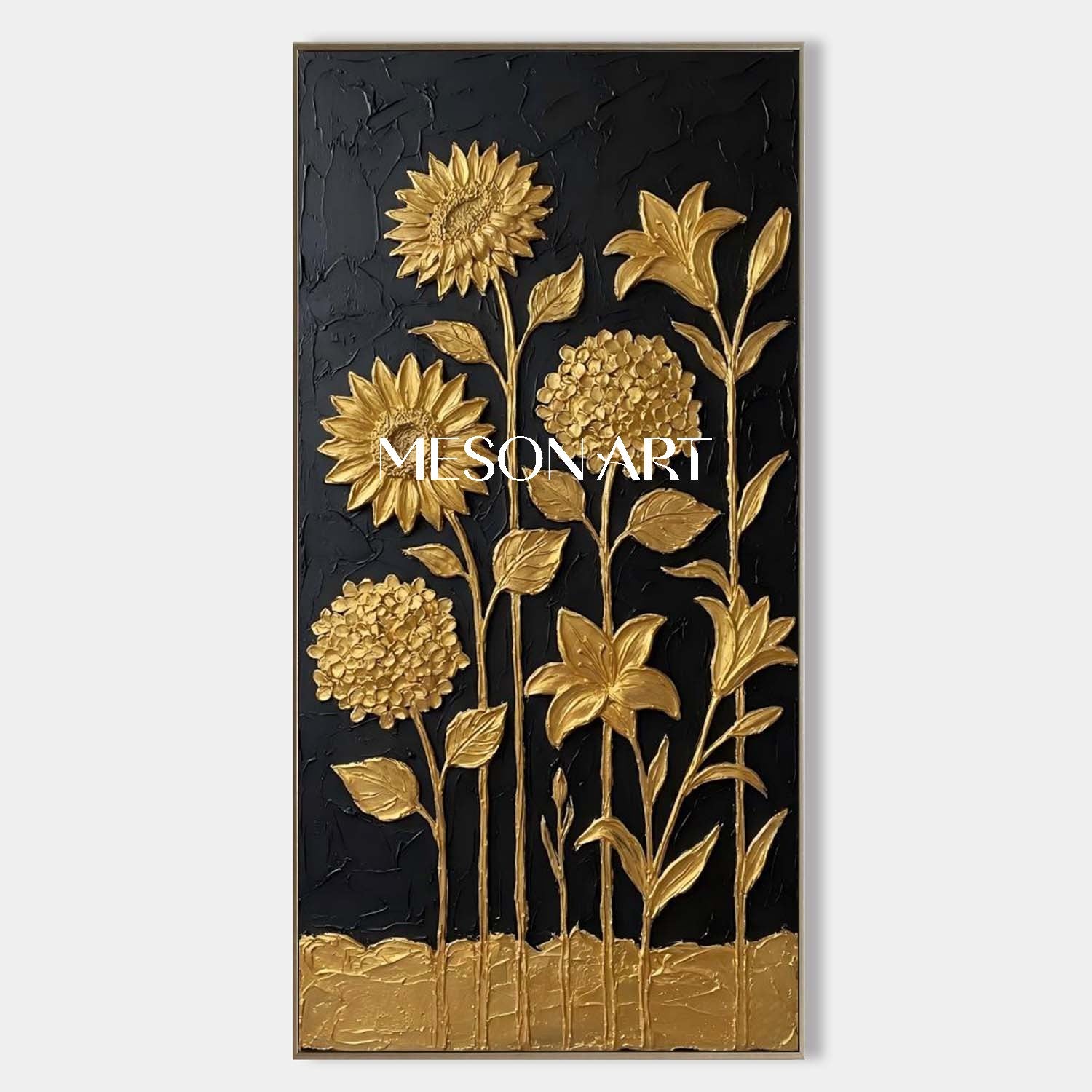 Vertical Black And Gold Sunflower Canvas Art | 3D Hydrangea Decor