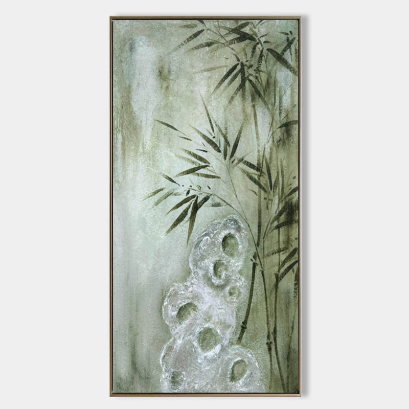 Large Green Bamboo Painting on Canvas Wabi-Sabi Wall Art Wabi-Sabi Wall Decor Bamboo Oil Painting