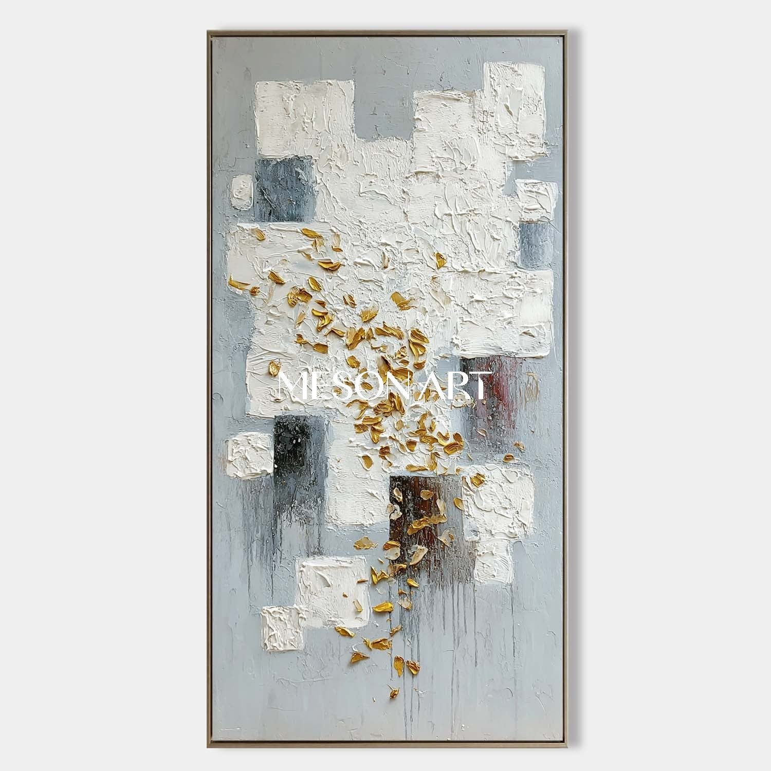 Vertical Abstract Painting White Blocks with Gold Textured Wall Art