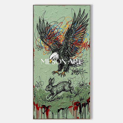 Large Vertical Framed Bald Eagle Hunting Rabbit Canvas Wall Art, Sage Green Textured Abstract Street Art Oil Painting For Office And Living Room Decor By MesonArt