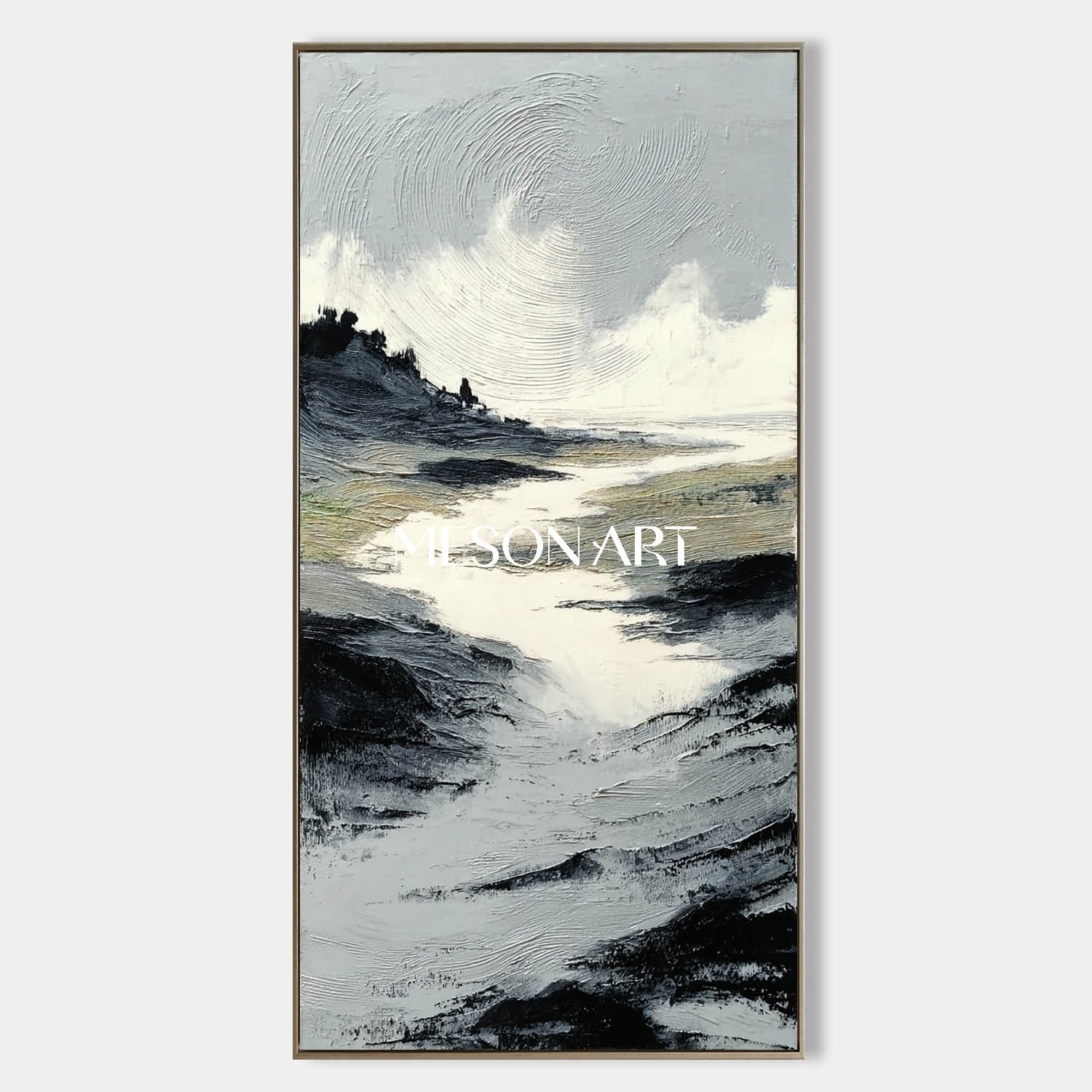 Modern Impasto Landscape Painting Neutral Mountain Texture Artwork