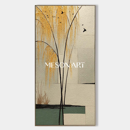 Tranquil Chinese Landscape Wall Art with Willow Trees | Mesonart Original