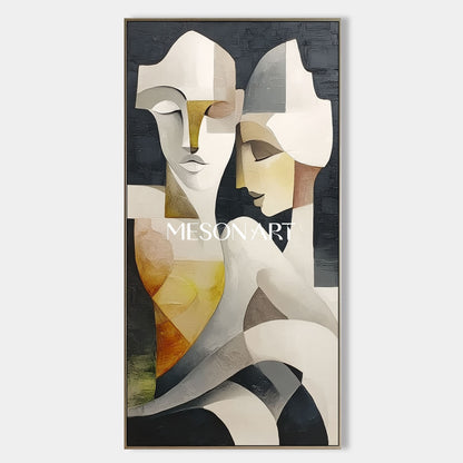 Vertical Textured Cubist Abstract Couple Large Canvas Oil Painting 