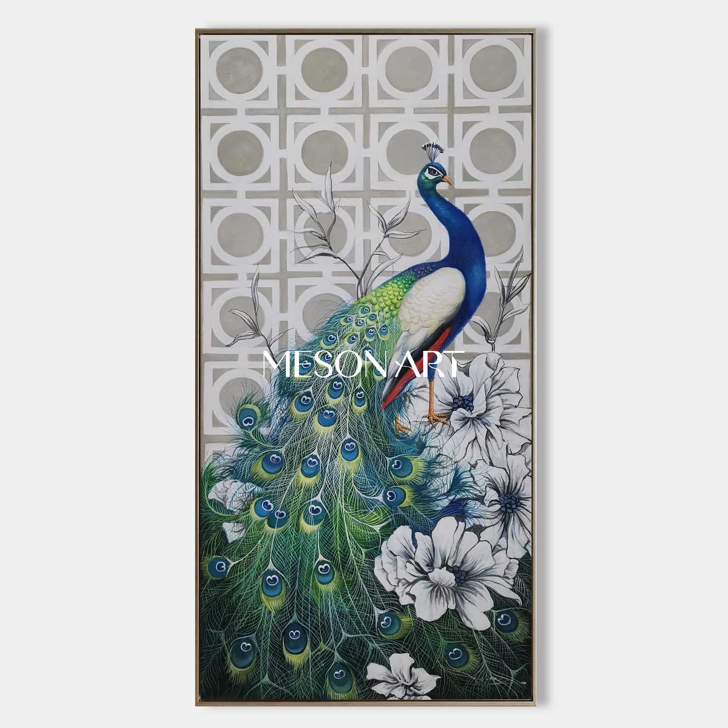 Green Peacock Modern Hand-Painted Painting Vertical Canvas On Sale