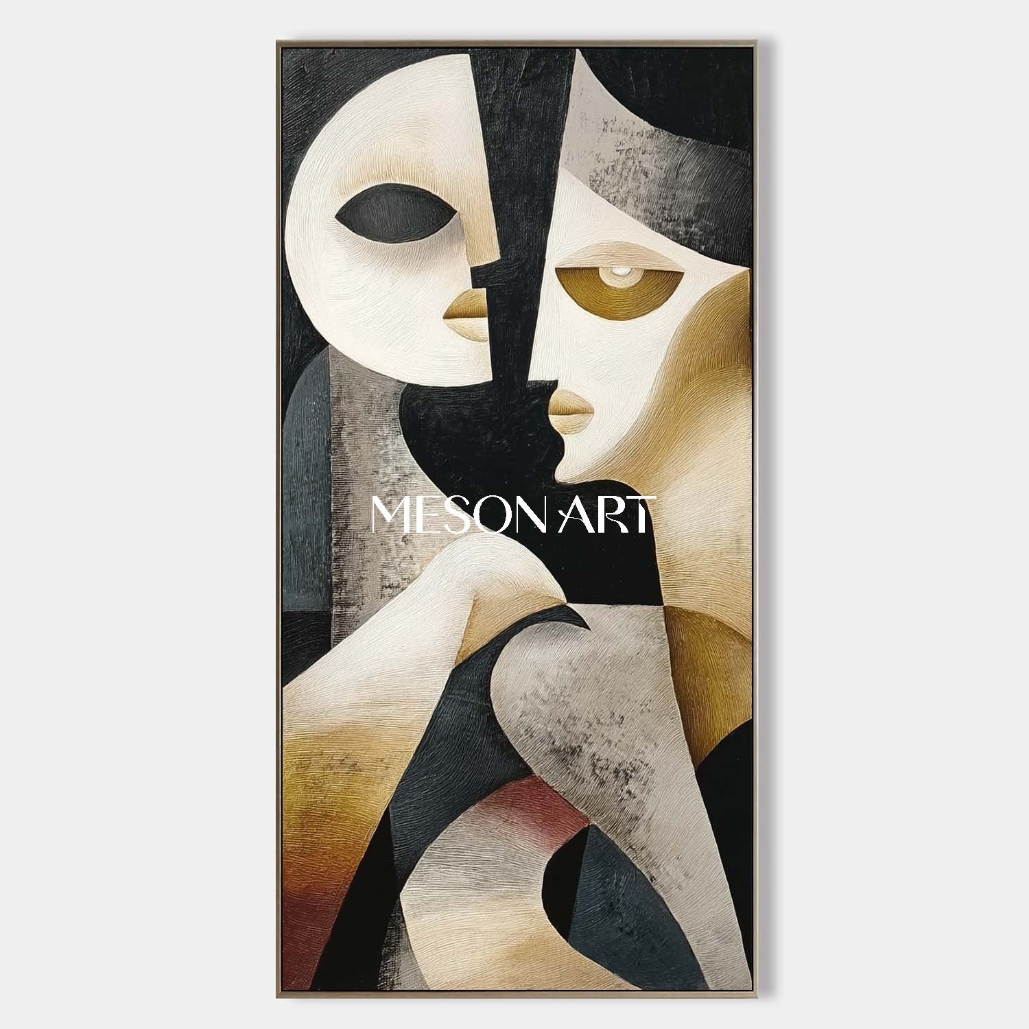 Black Vertical Abstract Cubist Textured Painting Canvas Living Room