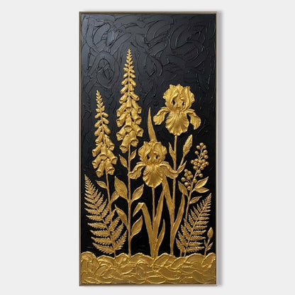 3D Textured Foxglove Iris And Fern Wall Art, Luxury Dark Forest Decor For Entryway
