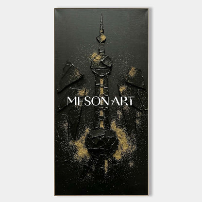 Abstract Tower Wall Art, Landmark Silhouette Canvas, Symmetrical Geometric Painting, Floating Shards Decor.