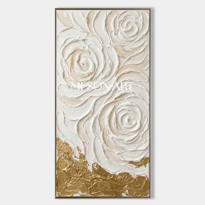 Vertical 3D White Rose Canvas Art | Gold Foil Plaster Wall Decor