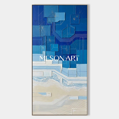 Oversized Blue Textured Art Blue Geometric Abstract Artwork Handmade Relief Wall Painting
