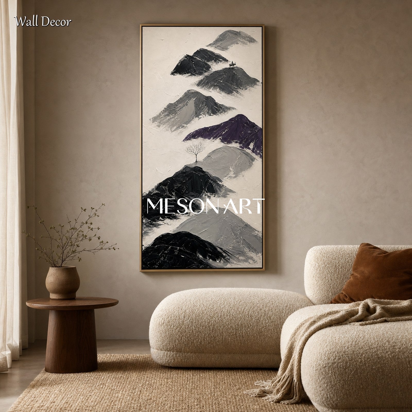 Black And White Mountain Painting With Textured Relief For Modern Home Decor