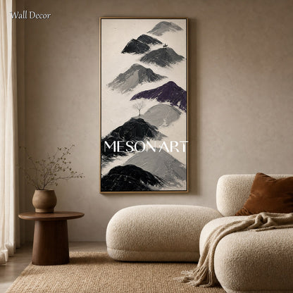 Black And White Mountain Painting With Textured Relief For Modern Home Decor