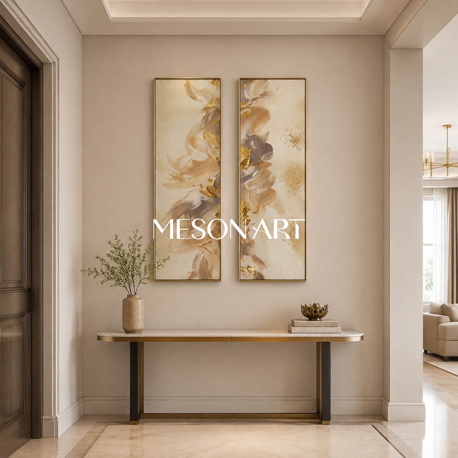 Luxury Gold Leaf Abstract Diptych Beige Textured Oil Painting For Living Room