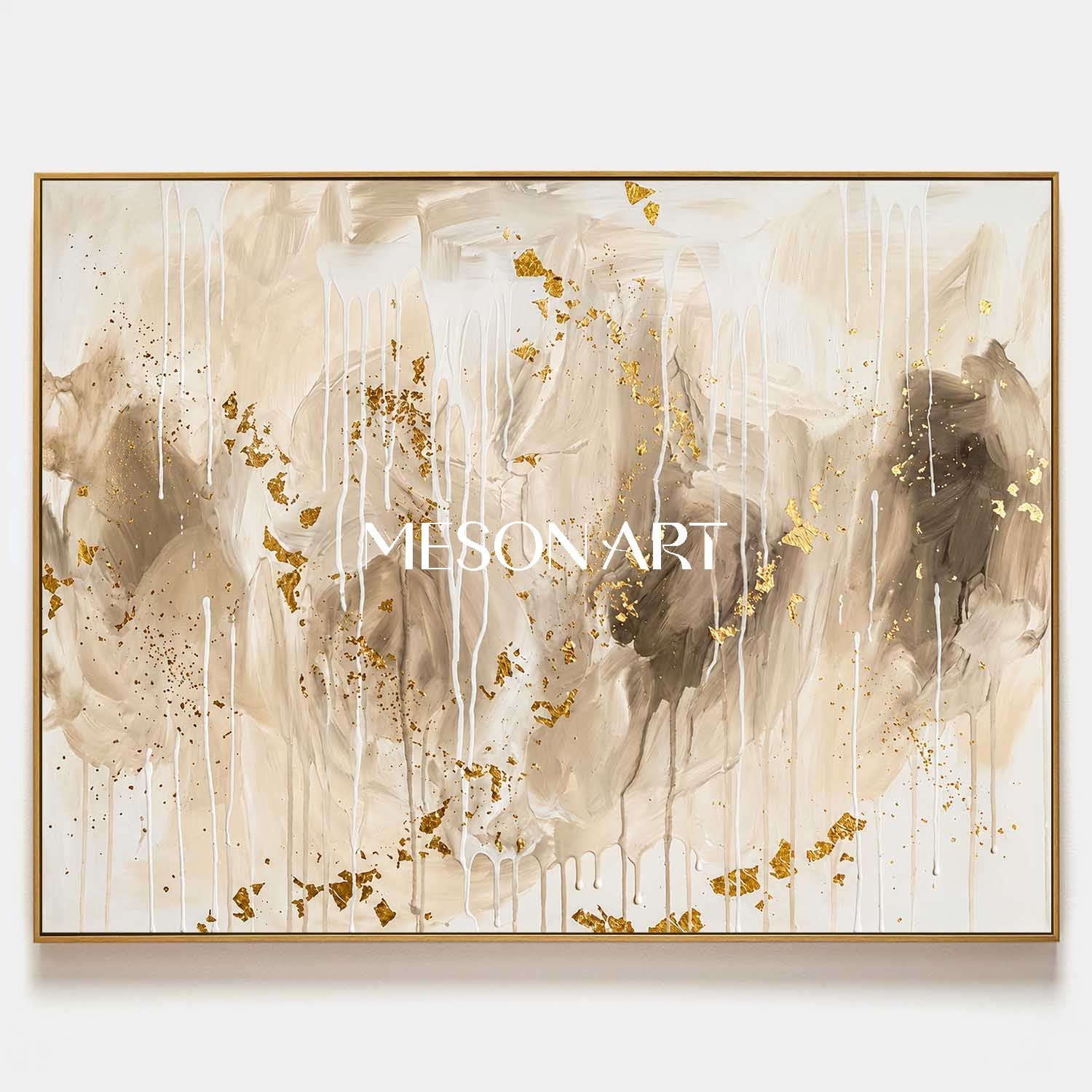 Gilded Abstract Painting With Gold Leaf And Fluid Drips For Luxury Home Decor