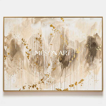Gilded Abstract Painting With Gold Leaf And Fluid Drips For Luxury Home Decor