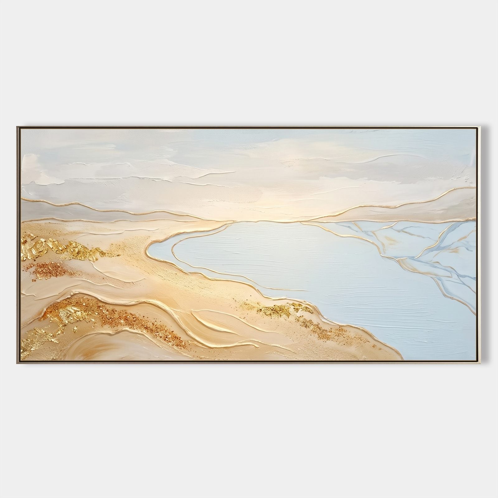 Grande quadro astratto con foglia d'oro raffigurante la spiaggia, con sabbia e mare – Decorazione da parete per il soggiorno