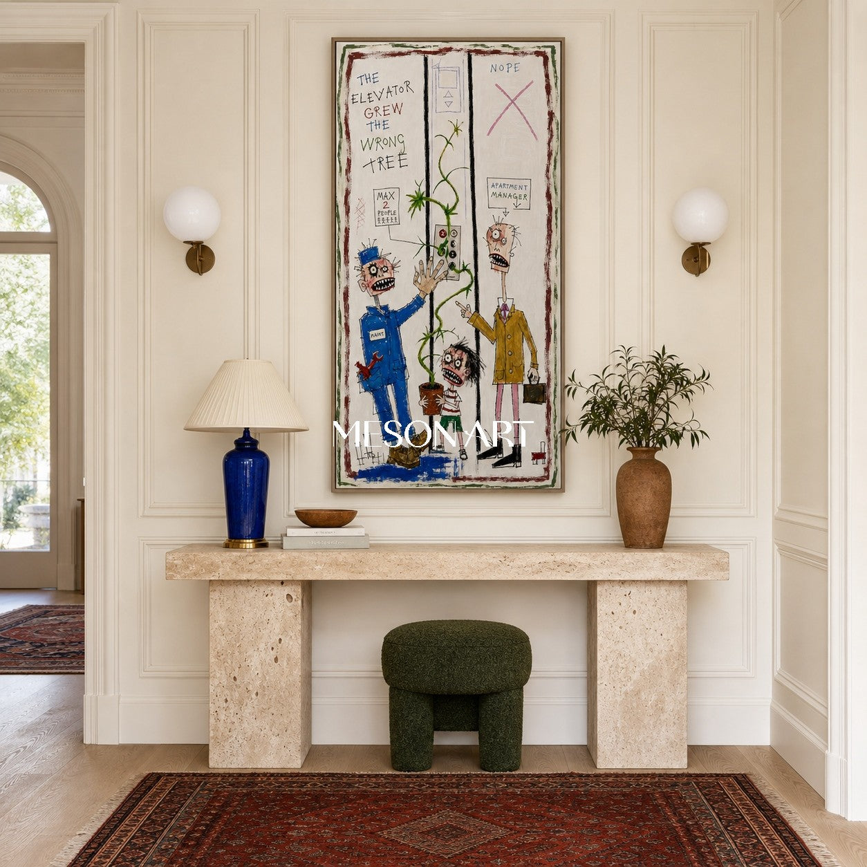 White And Blue Graffiti Surreal Figurative Cartoon Panoramic Wall Art For Living Room By Mesonart