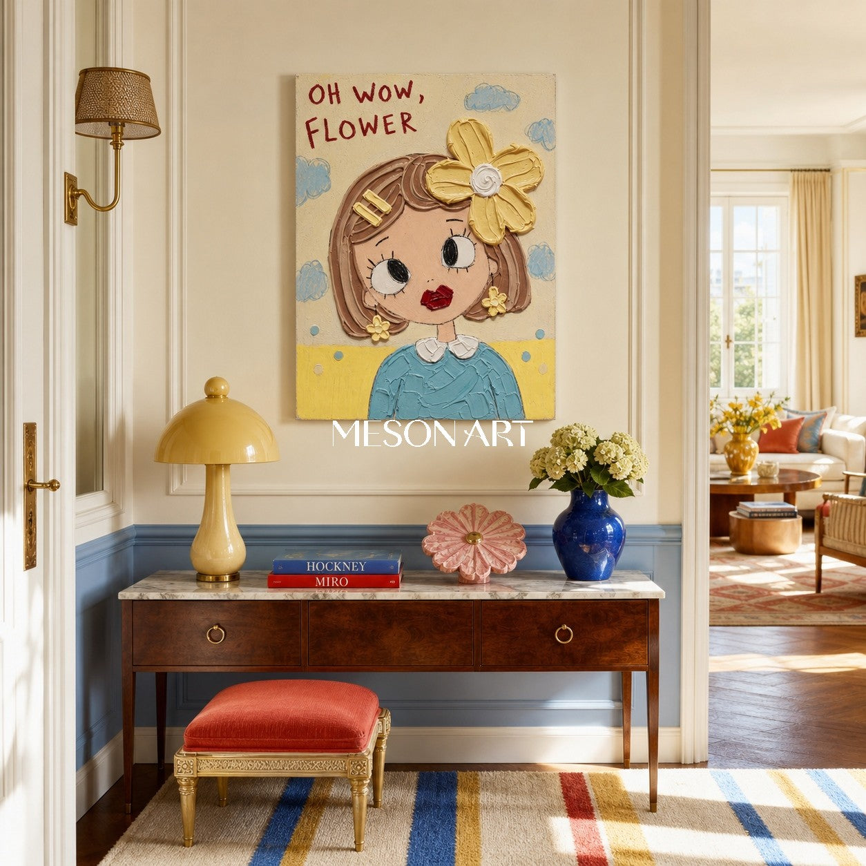 Colorful Cartoon Girl Painting With Floral Accents For Kids Bedroom Decor