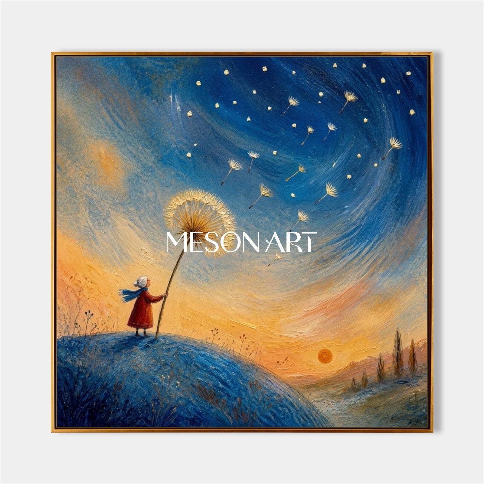 Blue And Gold Painting Whimsical Fantasy Dandelion Girl Starry Sunset Storybook Square Wall Art For Bedroom By Mesonart