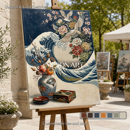 Japanese Ukiyo-e And Art Deco Floral Crane Painting For Modern Home Decor