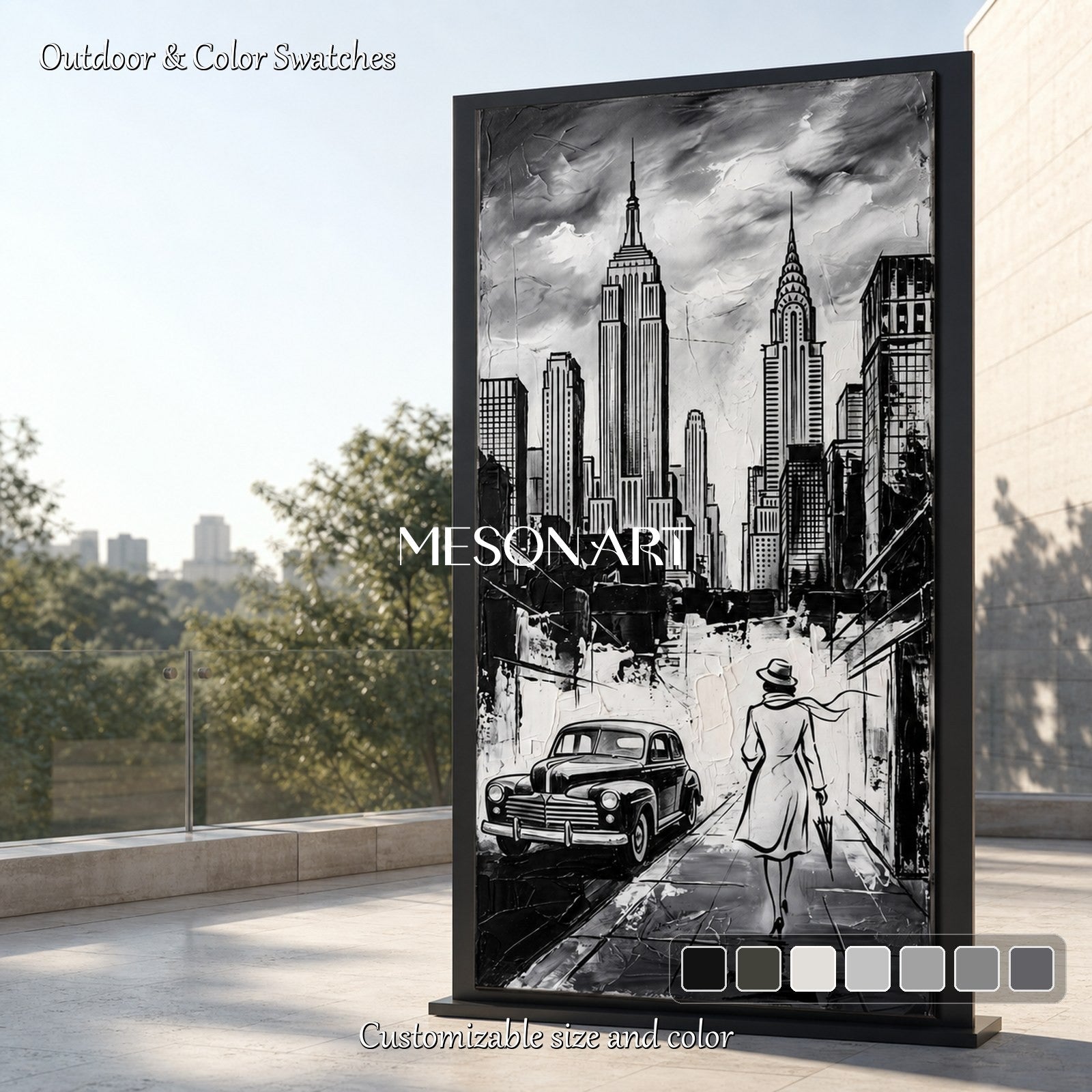 Black And White Modern Cityscape Painting Panoramic Wall Art Contemporary New York City Original Artist By Mesonart