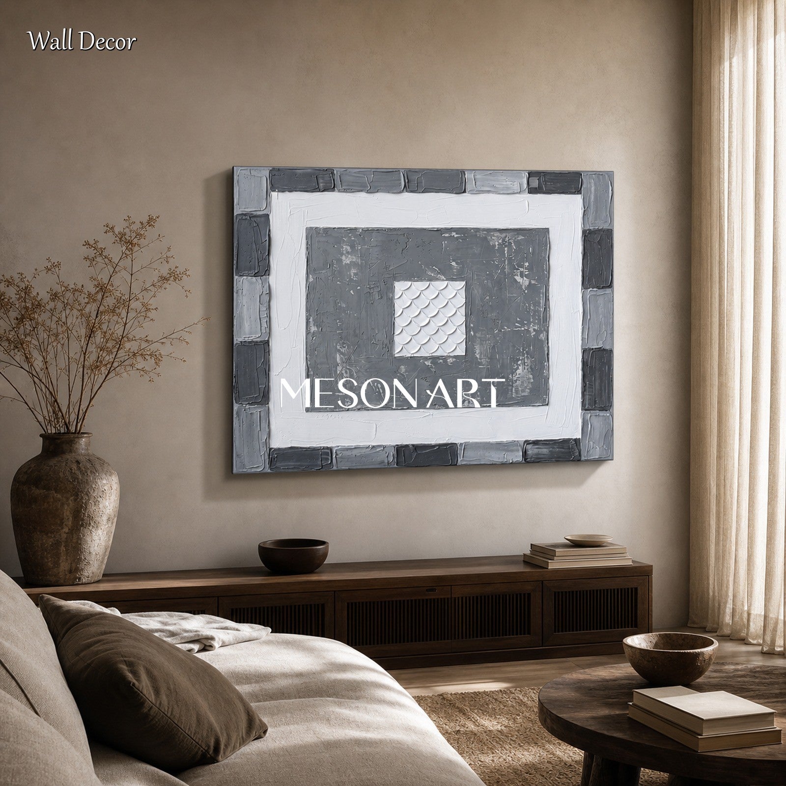 Gray White Abstract Art With Textured Relief For Modern Living Room Decor