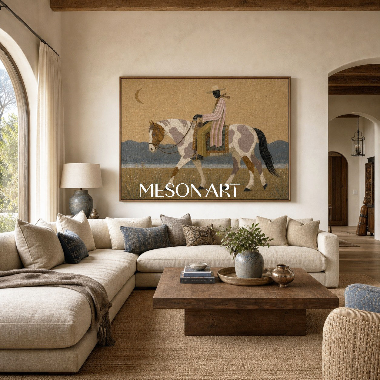 Moonlit Cowboy Horse Painting Textured Western Art For Living Room Decor