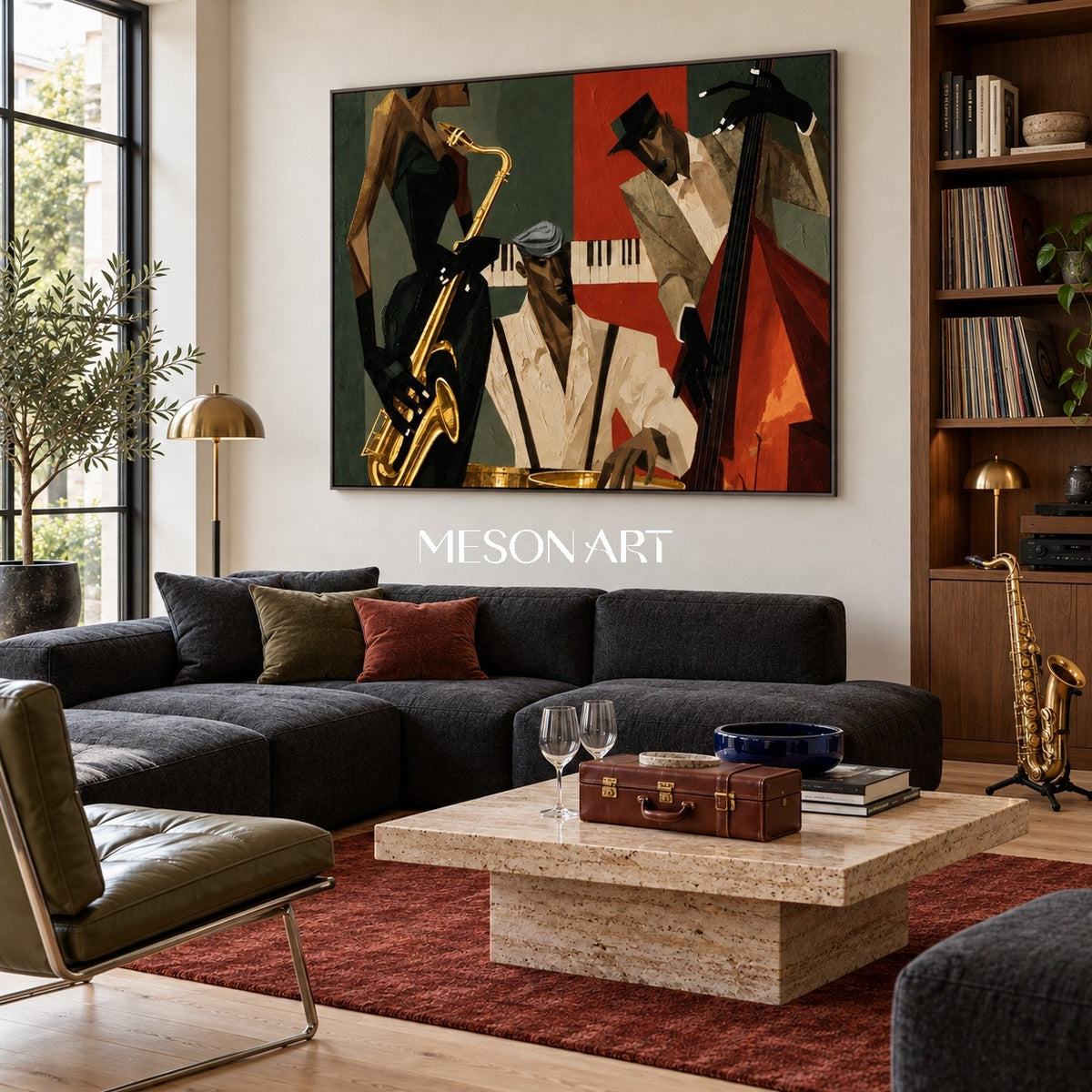 Gold And Black Pop Art Jazz Painting With Saxophone Geometric Modern Textured Rectangular Wall Art By Mesonart