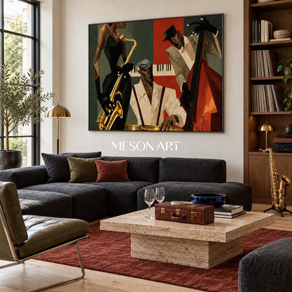 Gold And Black Pop Art Jazz Painting With Saxophone Geometric Modern Textured Rectangular Wall Art By Mesonart