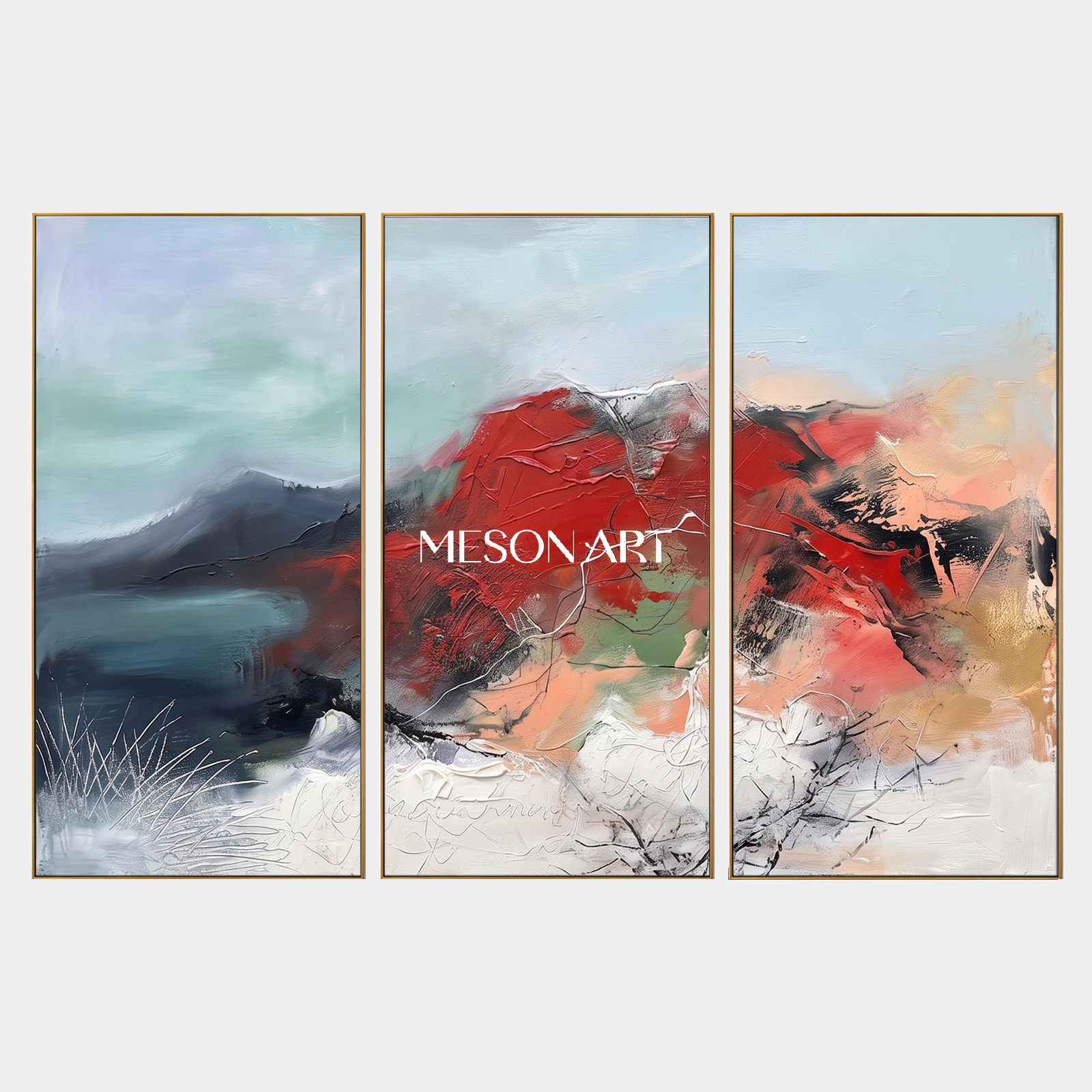 Red And Blue Abstract Expressionist Landscape Painting Rectangular Wall Art Original Artist By Mesonart
