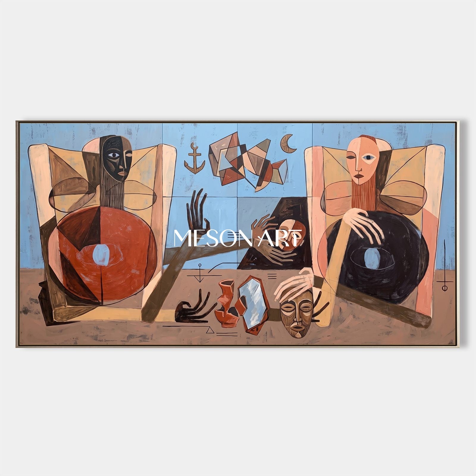Blue And Brown Expressionist Figurative Abstract Painting Panoramic Wall Art For Living Room By Mesonart