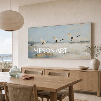 Minimalist Crane Landscape Painting Abstract Blue White Wall Art For Modern Living Room Bedroom Decor