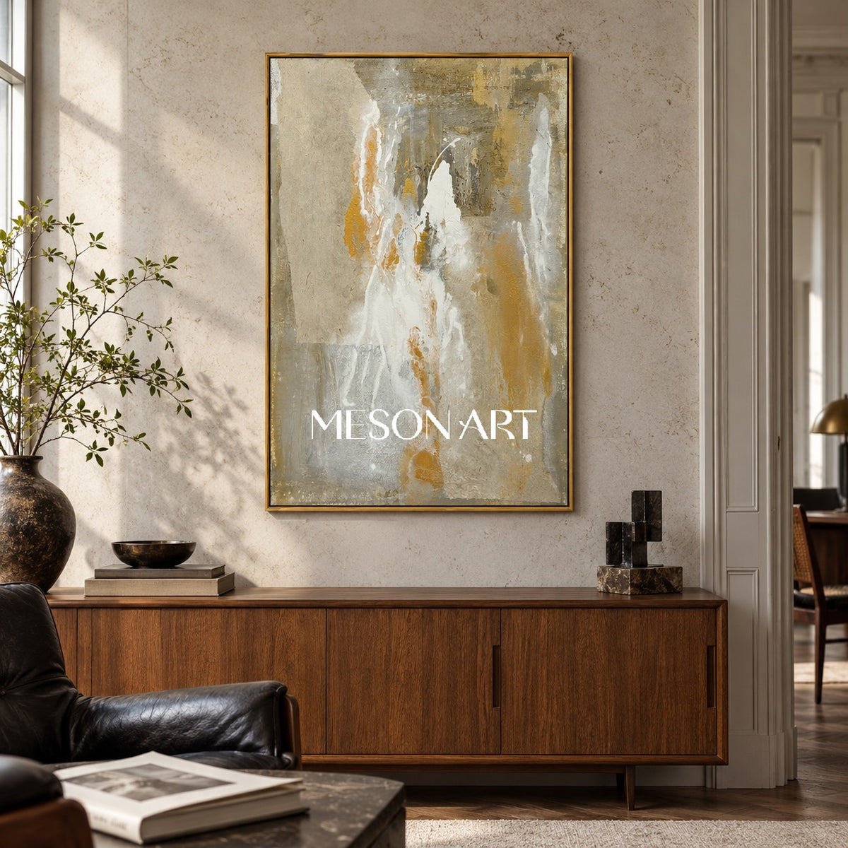 Beige And Gold Abstract Art Original Artist Hand Painted Mixed Media Textured Painting Rectangular Wall Art For Living Room By Mesonart
