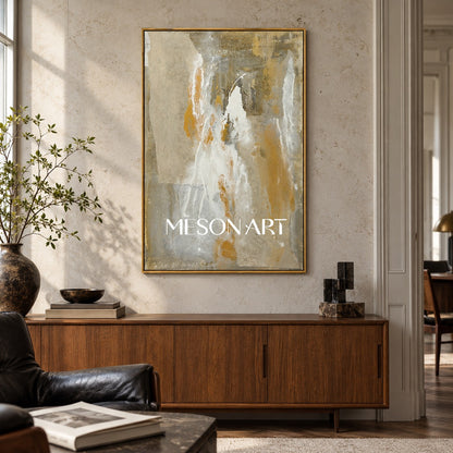 Beige And Gold Abstract Art Original Artist Hand Painted Mixed Media Textured Painting Rectangular Wall Art For Living Room By Mesonart