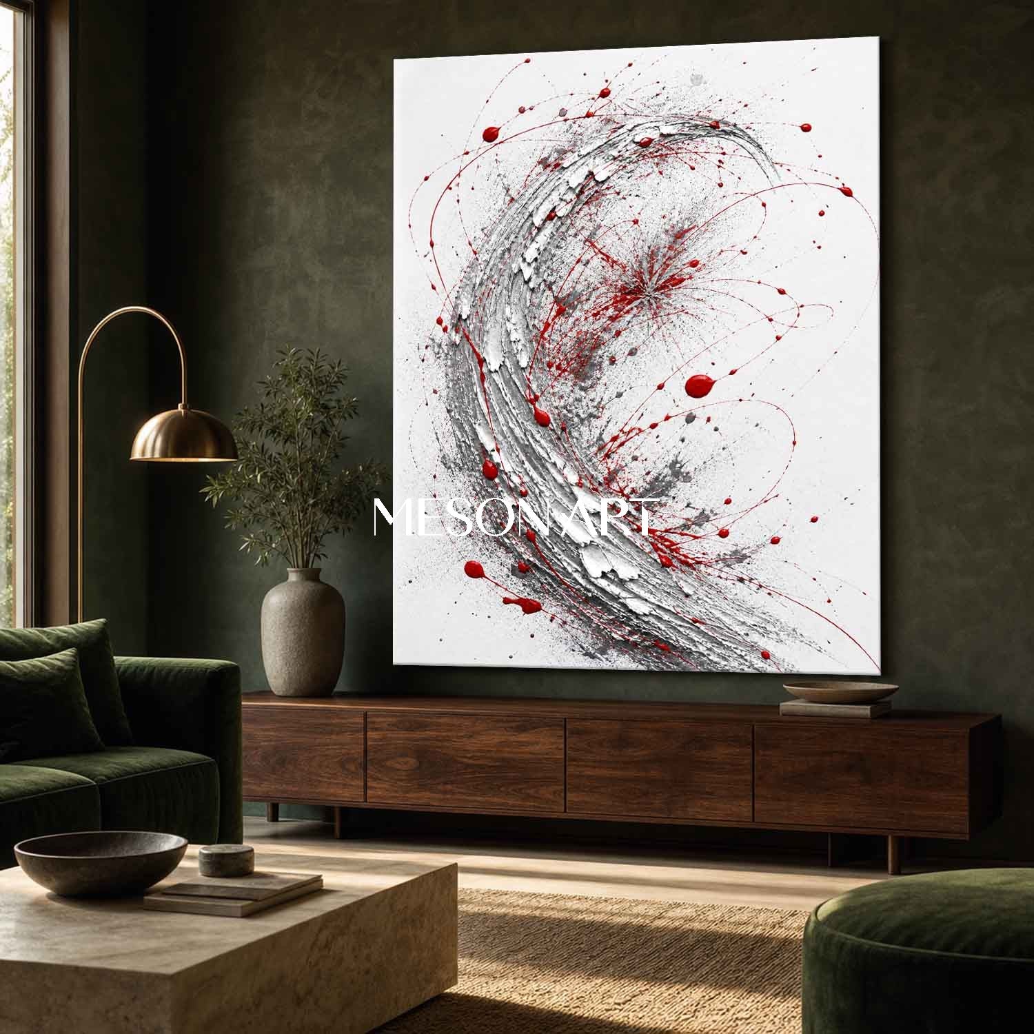 Red And White Abstract Wall Art With Textured Silver Swirl For Modern Living Room Decor